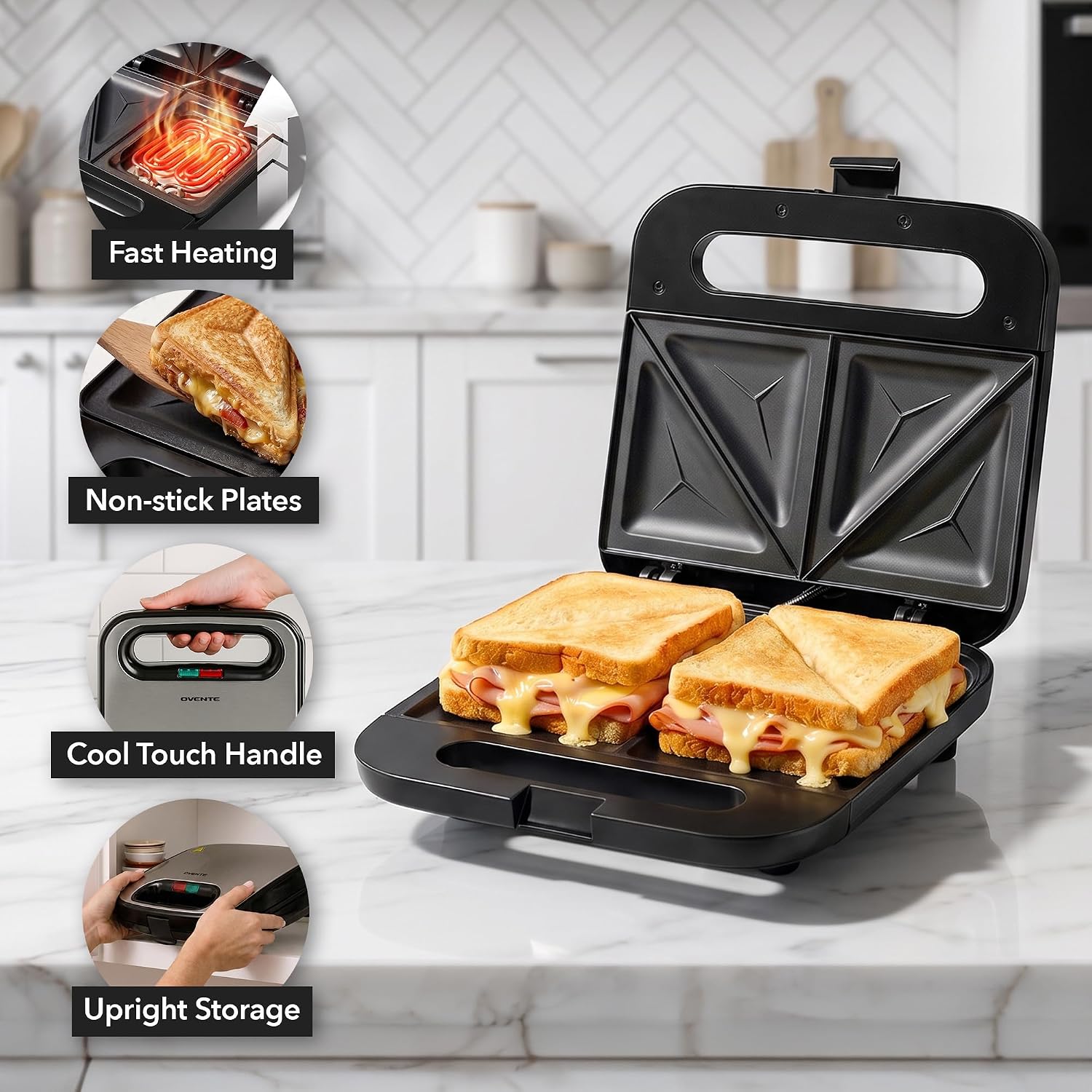 OVENTE Electric Sandwich Maker, 750W Non-Stick Plates, Black GPS401B | Perfect for Grilled Cheese, Tuna Melts, Omelets, French Toast, Breakfast Favorites, Light Meals, and Snacks