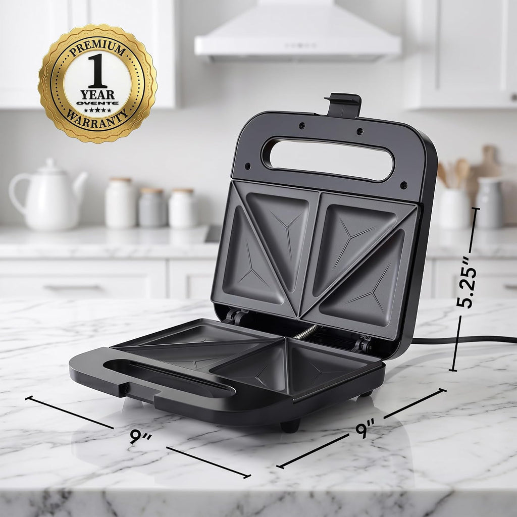 OVENTE Electric Sandwich Maker, 750W Non-Stick Plates, Black GPS401B | Perfect for Grilled Cheese, Tuna Melts, Omelets, French Toast, Breakfast Favorites, Light Meals, and Snacks