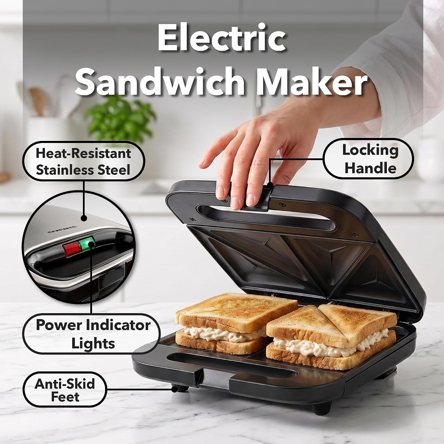 OVENTE Electric Sandwich Maker, 750W Non-Stick Plates, Black GPS401B | Perfect for Grilled Cheese, Tuna Melts, Omelets, French Toast, Breakfast Favorites, Light Meals, and Snacks