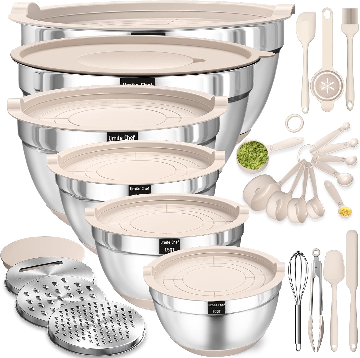 Mixing Bowls with Airtight Lids Set, 26PCS Stainless Steel Khaki Bowls with Grater Attachments, Non-Slip Bottoms & Kitchen Gadgets Set, Size 7, 4, 2.5, 2.0,1.5, 1QT, Great for Mixing & Serving