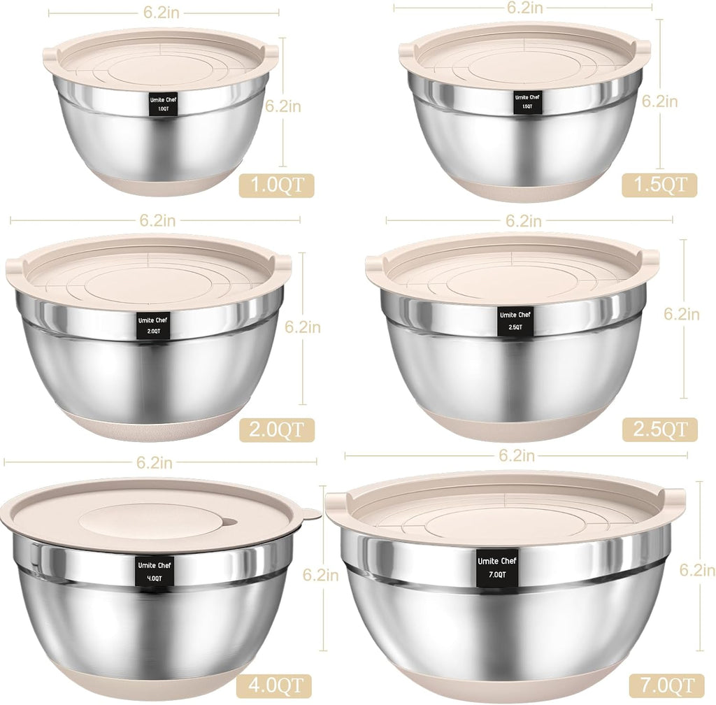 Mixing Bowls with Airtight Lids Set, 26PCS Stainless Steel Khaki Bowls with Grater Attachments, Non-Slip Bottoms & Kitchen Gadgets Set, Size 7, 4, 2.5, 2.0,1.5, 1QT, Great for Mixing & Serving