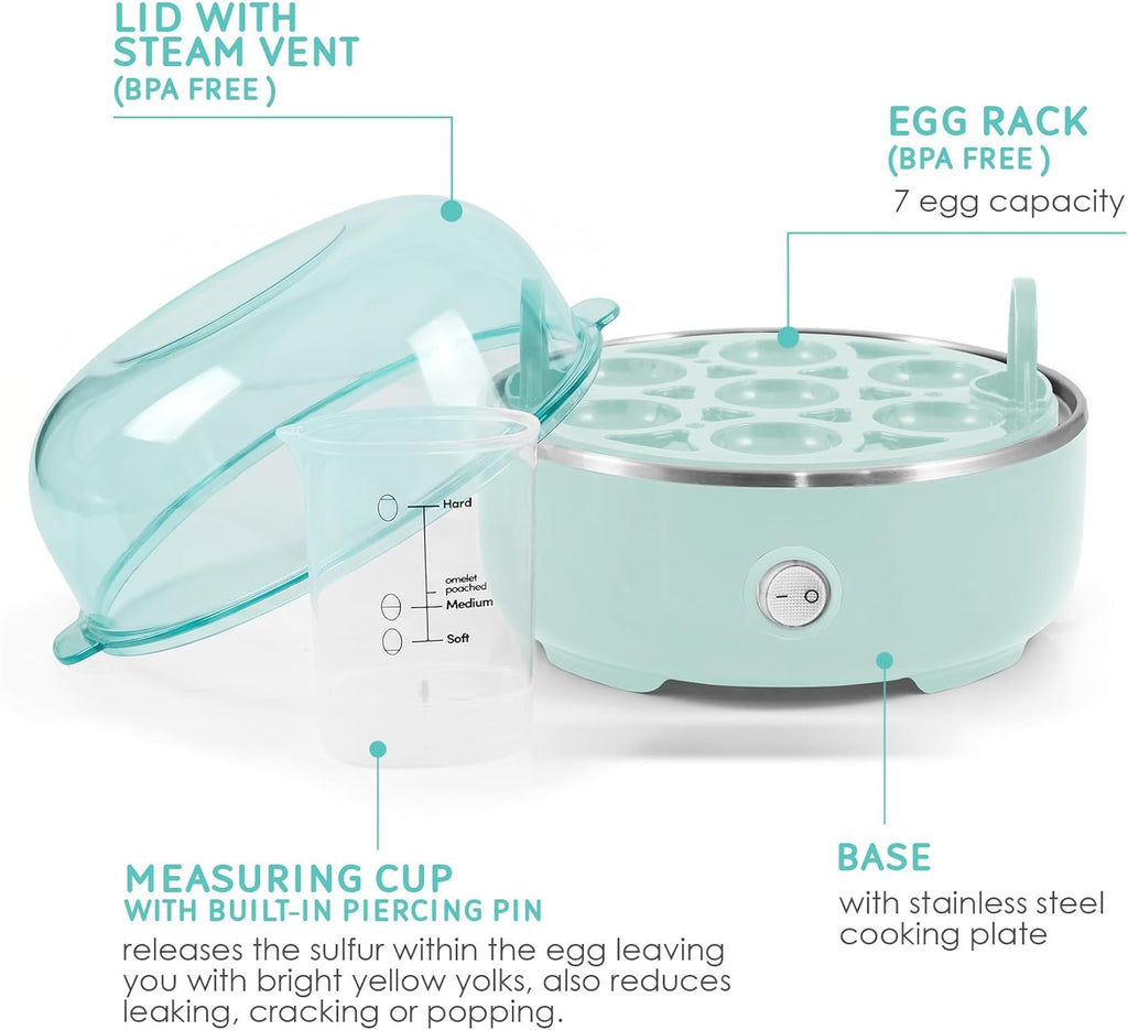 Elite Gourmet EGC115M Easy Egg Cooker, 7-Egg, BPA-Free, Retro Mint | Cooks soft, medium, or hard-boiled eggs with auto shut-off - electric operation - includes measuring cup