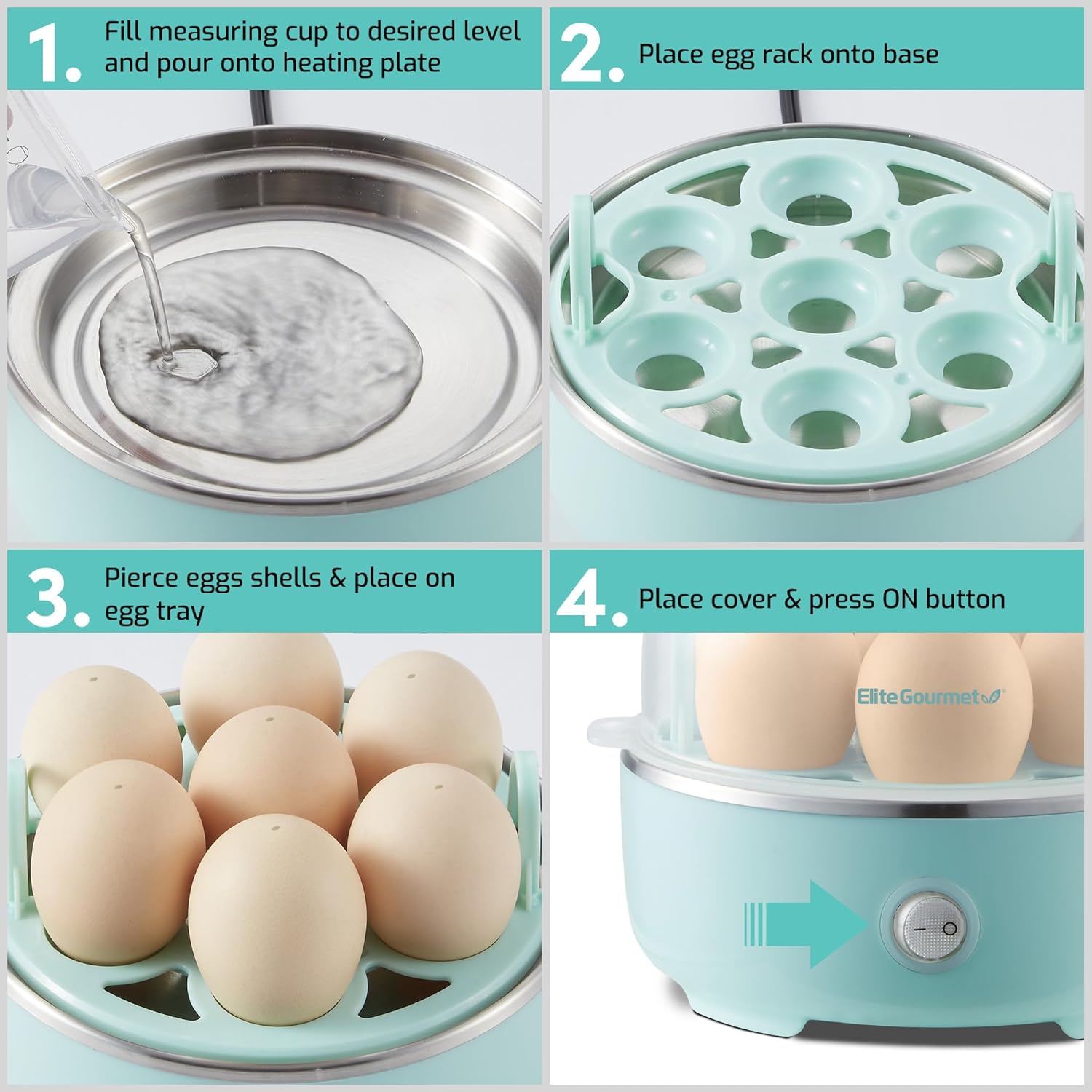 Elite Gourmet EGC115M Easy Egg Cooker, 7-Egg, BPA-Free, Retro Mint | Cooks soft, medium, or hard-boiled eggs with auto shut-off - electric operation - includes measuring cup