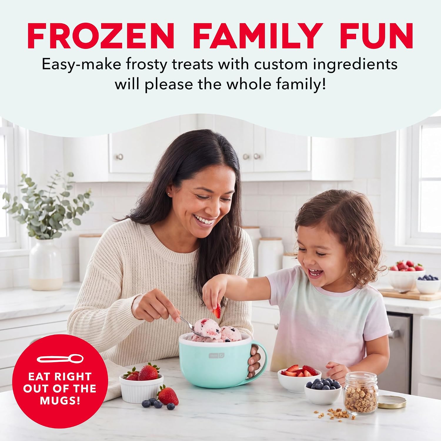 Dash My Mug Ice Cream Maker Bundle, 2 Half-Pint Freezer Mugs, Aqua | Electric Soft Serve Ice Cream Machine Set, Ingredient Chute, Single Serve Freezer Bowls, Countertop Frozen Treat Maker