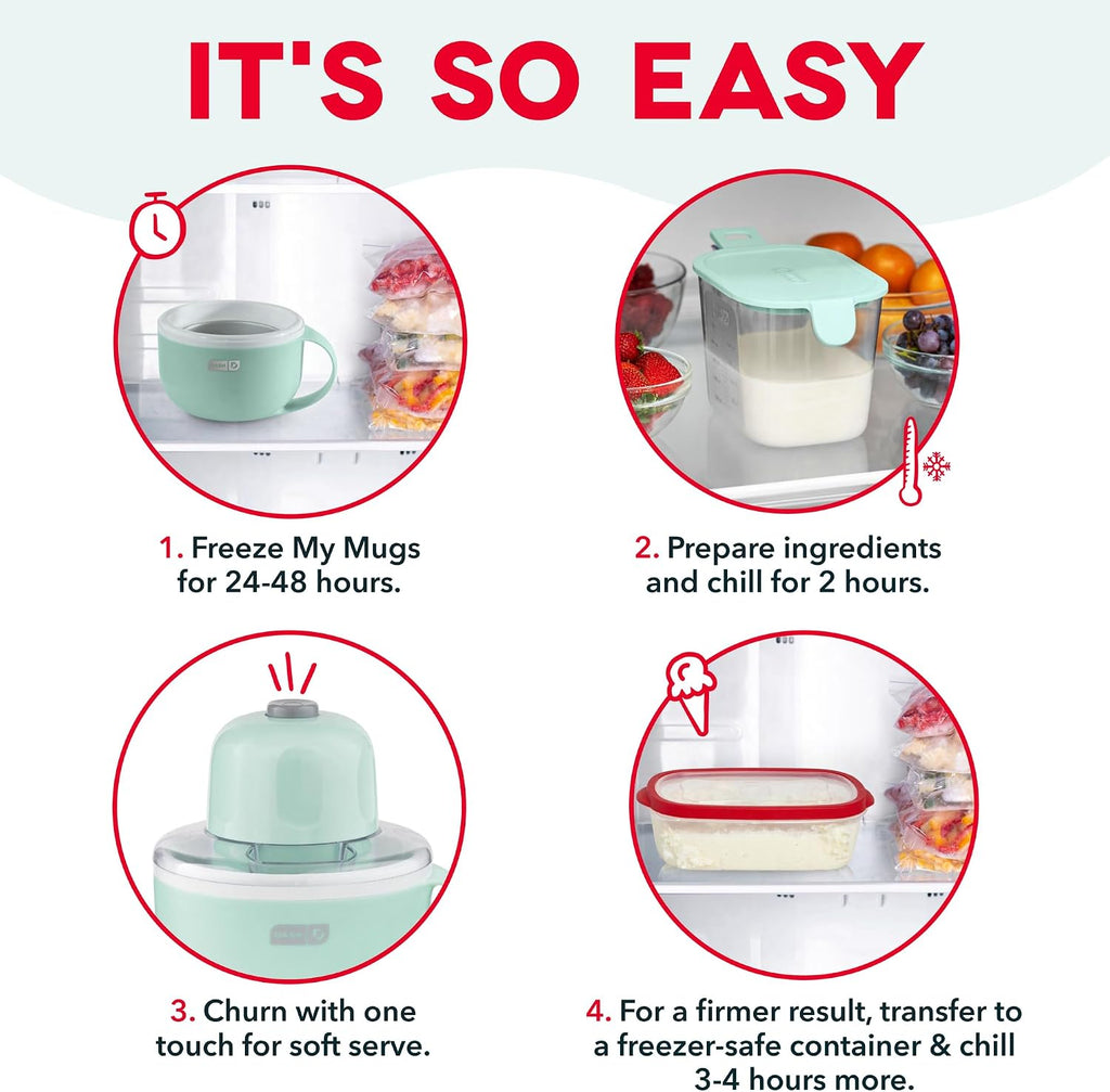 Dash My Mug Ice Cream Maker Bundle, 2 Half-Pint Freezer Mugs, Aqua | Electric Soft Serve Ice Cream Machine Set, Ingredient Chute, Single Serve Freezer Bowls, Countertop Frozen Treat Maker