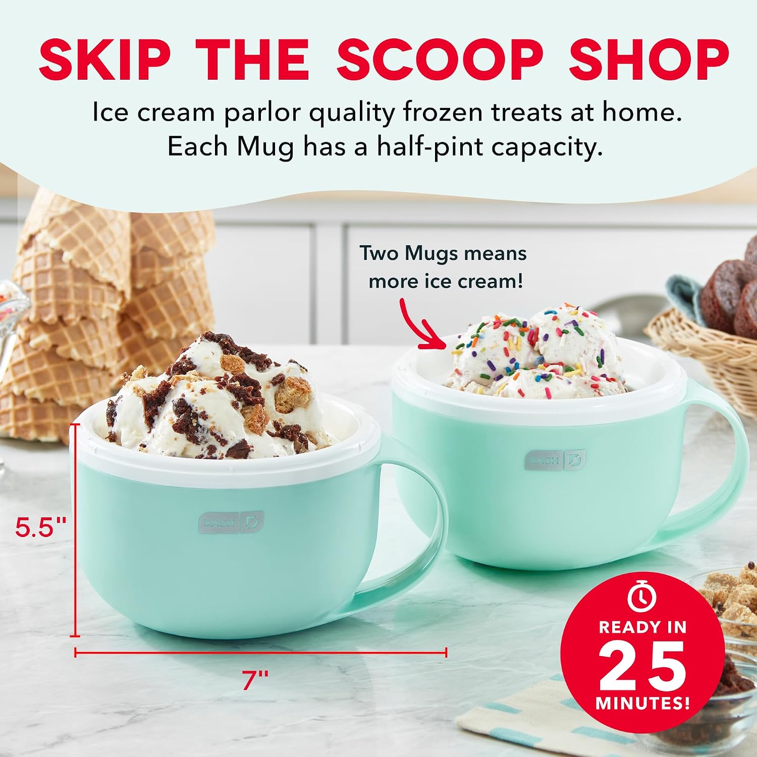 Dash My Mug Ice Cream Maker Bundle, 2 Half-Pint Freezer Mugs, Aqua | Electric Soft Serve Ice Cream Machine Set, Ingredient Chute, Single Serve Freezer Bowls, Countertop Frozen Treat Maker