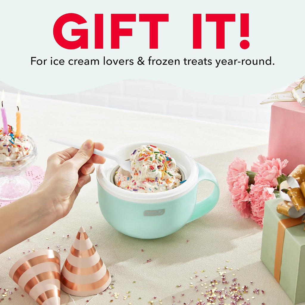 Dash My Mug Ice Cream Maker Bundle, 2 Half-Pint Freezer Mugs, Aqua | Electric Soft Serve Ice Cream Machine Set, Ingredient Chute, Single Serve Freezer Bowls, Countertop Frozen Treat Maker