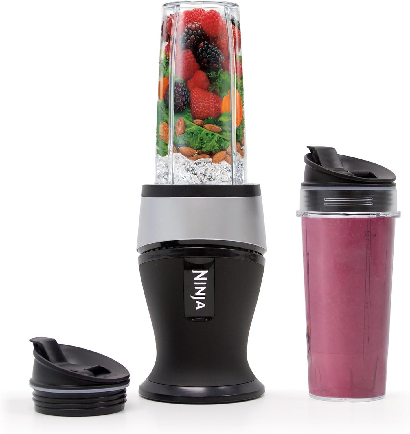 Ninja Fit Compact Personal Blender, 700W, (2) 16oz Cups, QB3001SS | 700-watt base blends smoothies, shakes & frozen drinks. (2) 16-oz to-go cups w/ spout lids. Dishwasher safe.