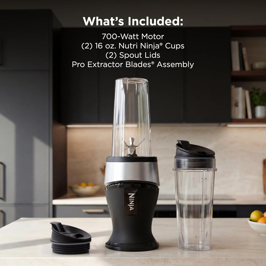Ninja Fit Compact Personal Blender, 700W, (2) 16oz Cups, QB3001SS | 700-watt base blends smoothies, shakes & frozen drinks. (2) 16-oz to-go cups w/ spout lids. Dishwasher safe.