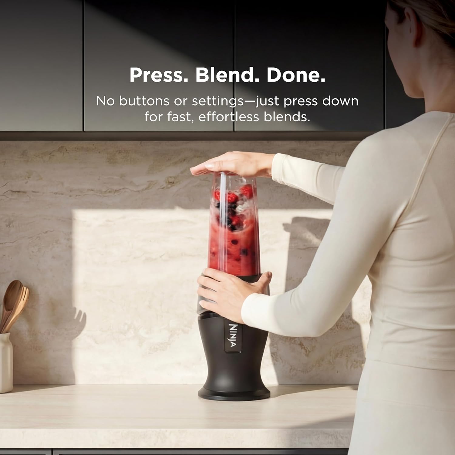 Ninja Fit Compact Personal Blender, 700W, (2) 16oz Cups, QB3001SS | 700-watt base blends smoothies, shakes & frozen drinks. (2) 16-oz to-go cups w/ spout lids. Dishwasher safe.