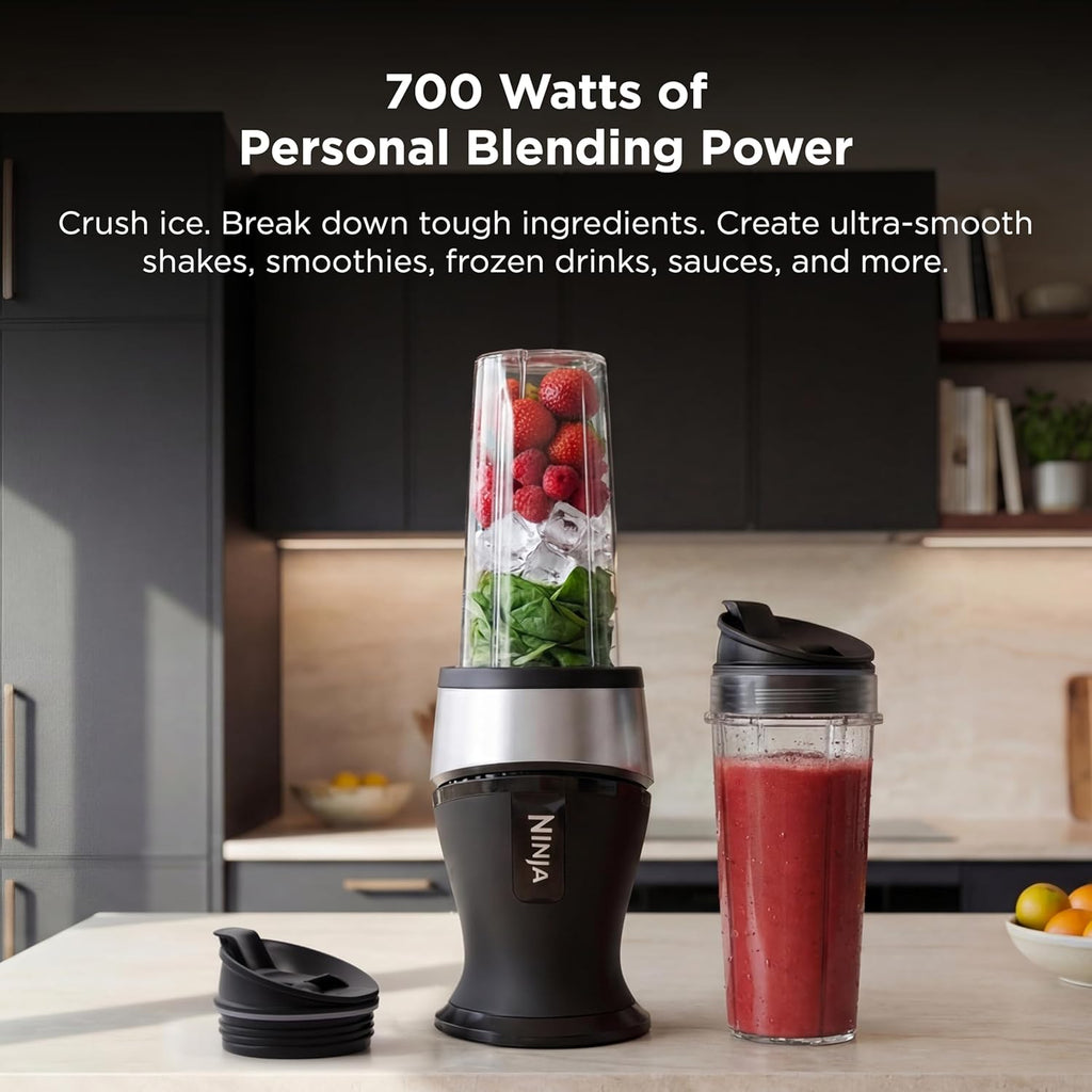 Ninja Fit Compact Personal Blender, 700W, (2) 16oz Cups, QB3001SS | 700-watt base blends smoothies, shakes & frozen drinks. (2) 16-oz to-go cups w/ spout lids. Dishwasher safe.