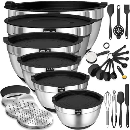 Mixing Bowls with Airtight Lids Set, 26PCS Stainless Steel Khaki Bowls with Grater Attachments, Non-Slip Bottoms & Kitchen Gadgets Set, Size 7, 4, 2.5, 2.0,1.5, 1QT, Great for Mixing & Serving